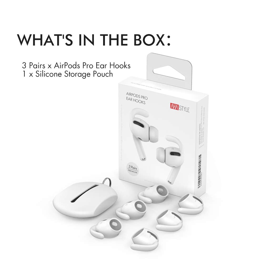 AHASTYLE AirPods Pro ear hooks shown with pouch, not included.