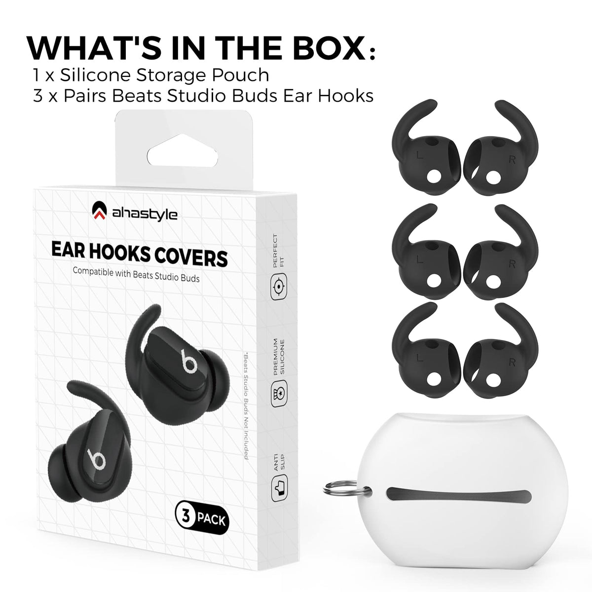 AHASTYLE packaging and included accessories for Beats Studio Buds hooks