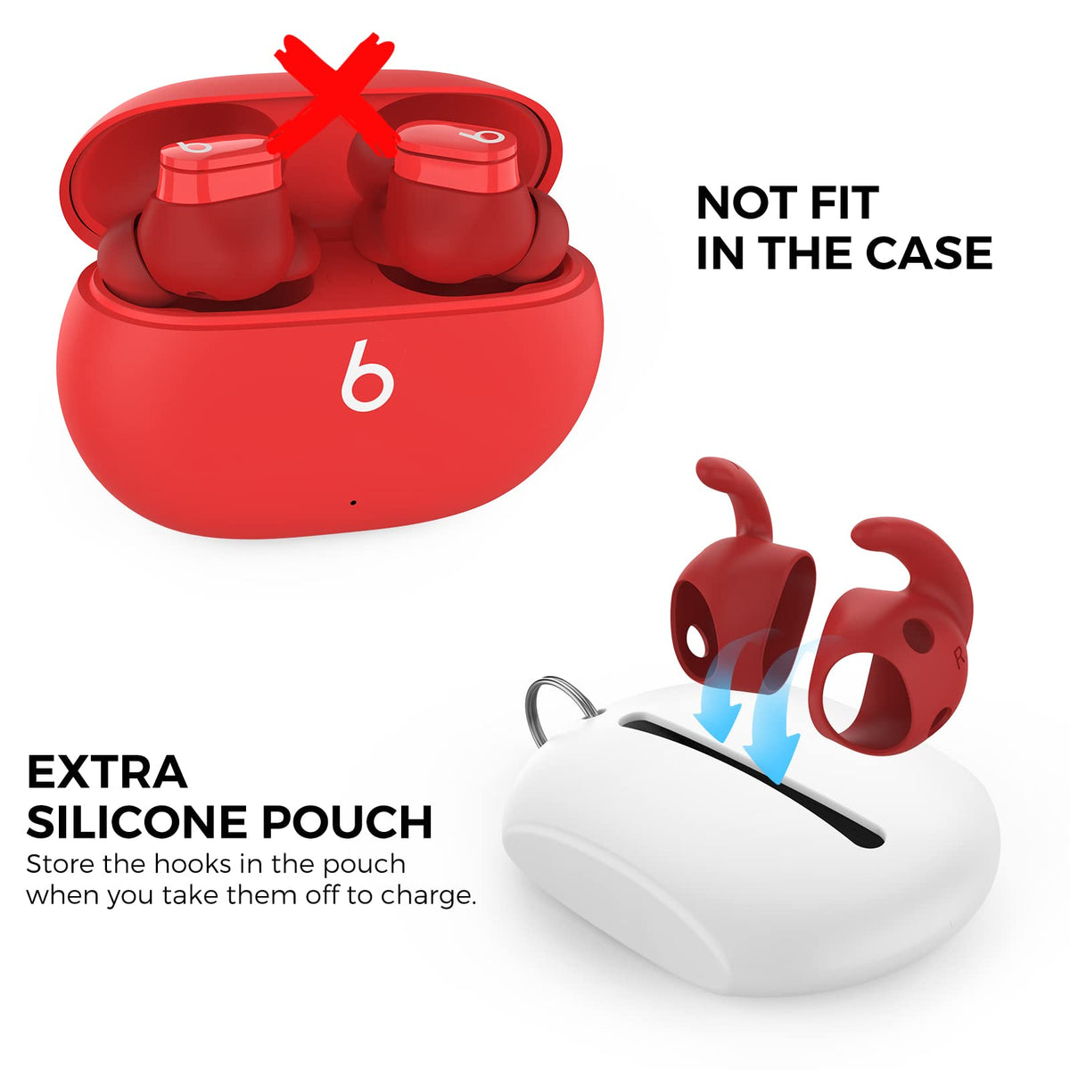 AHASTYLE silicone pouch stores ear hooks when not charging with Beats Buds
