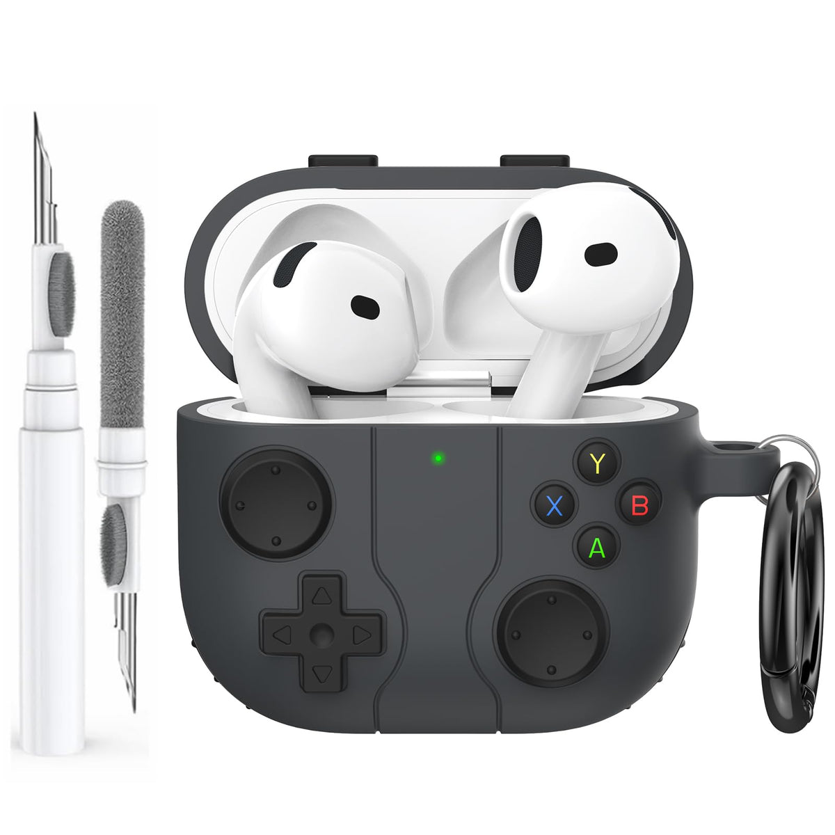 AHASTYLE front view of dark gray console-style AirPods 4 case showing retro design and protection