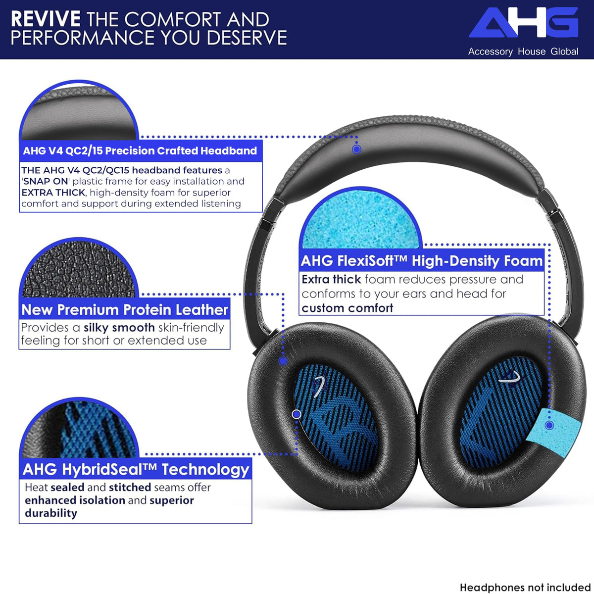 AHG QC2 QC15 ear pads close-up showing premium protein leather texture.