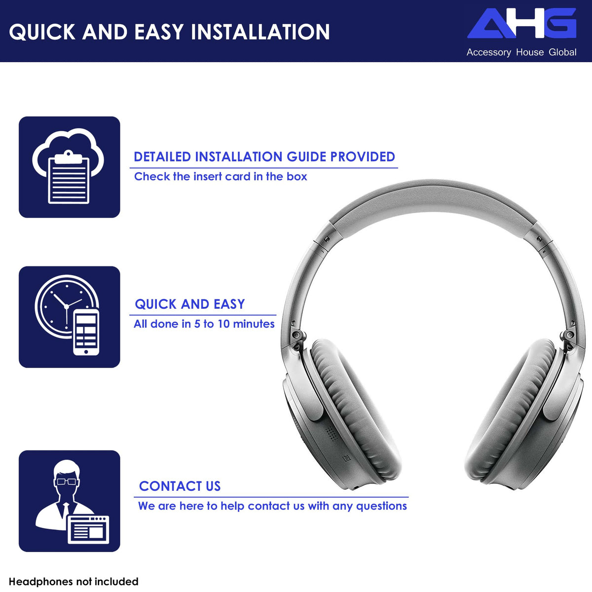 AHG soft-density foam gray ear pads mold to ears for all-day wear.