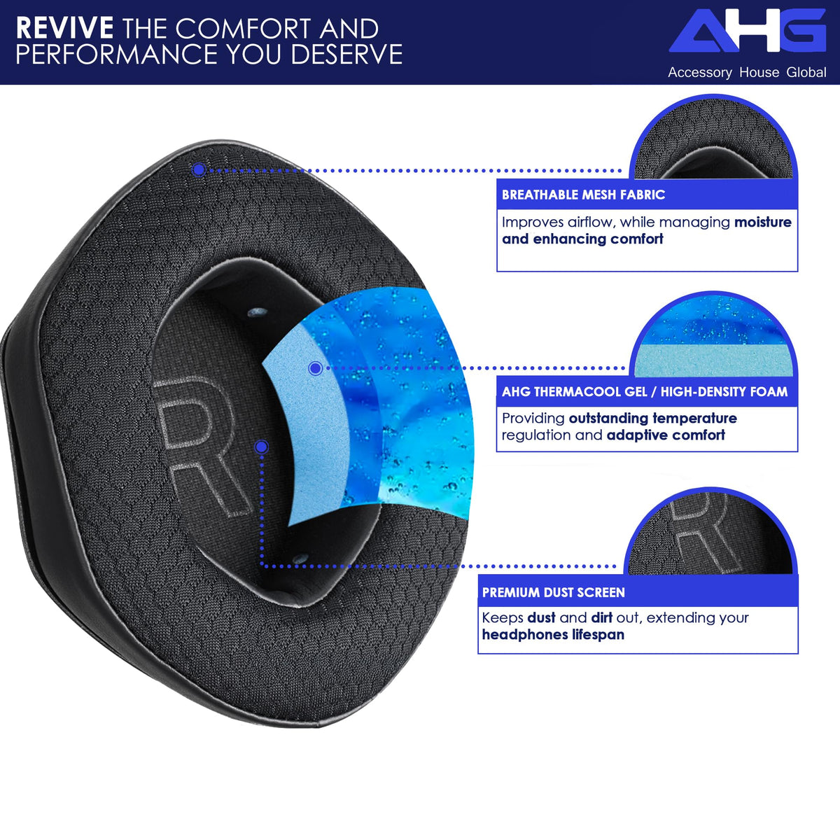 AHG Crossfade ear pads mesh ventilation close-up improves breathability and cool comfort.