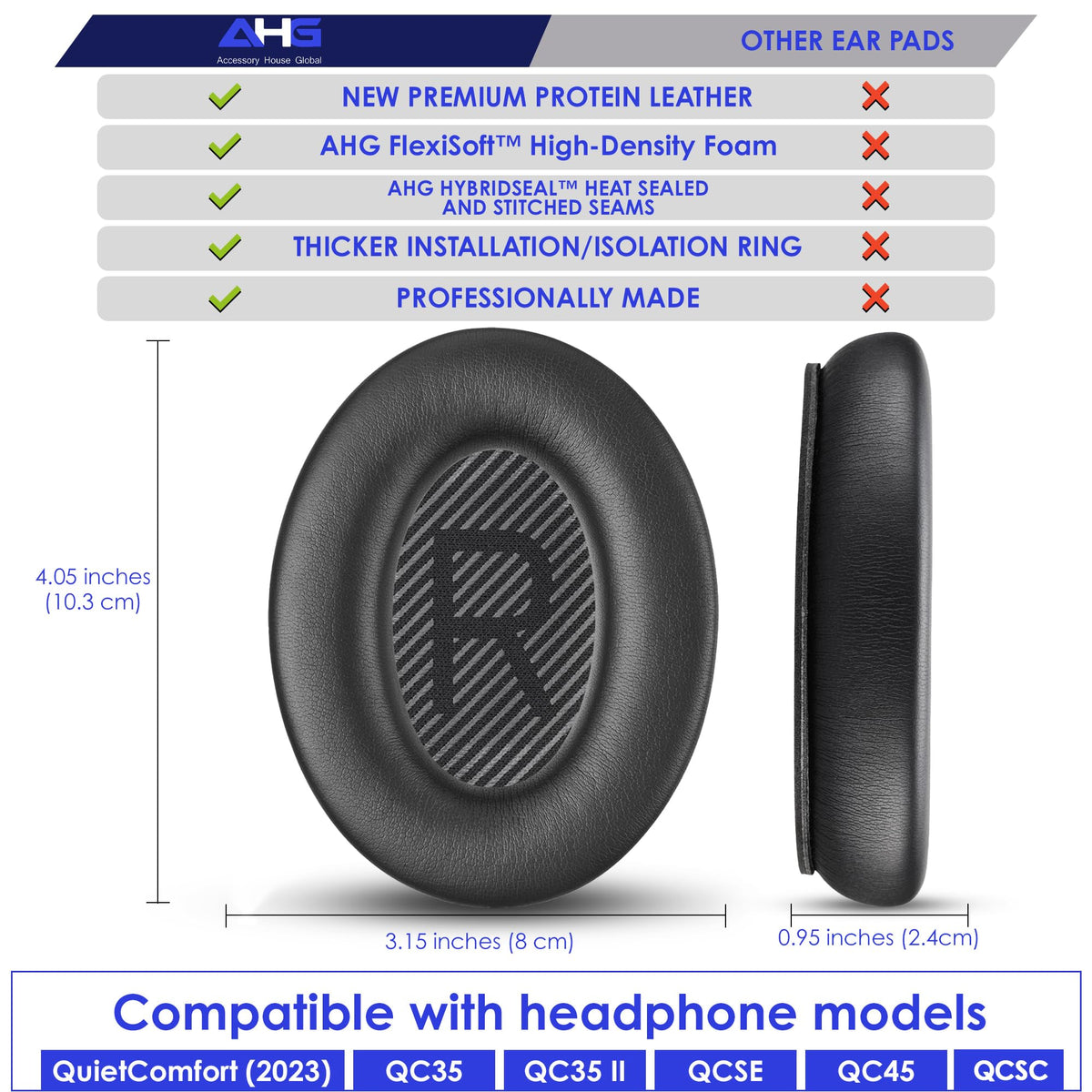 AHG Bose QC35 II ear pads showing leather texture and premium stitching detail.
