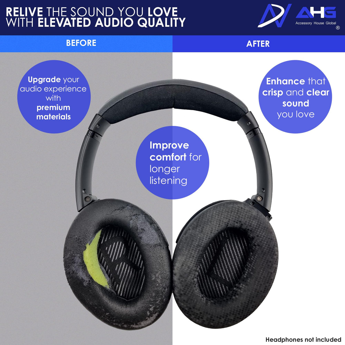 AHG QC35 replacement pads with thicker rim reduce sound leakage.