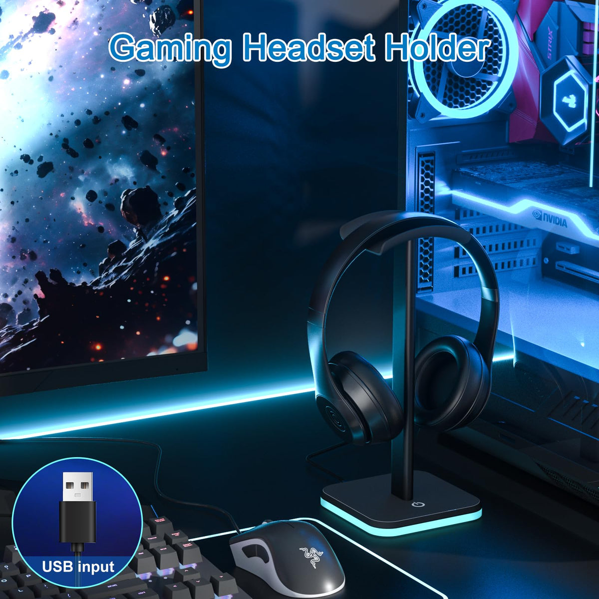 Ahonnpely headphone stand in RGB black finish enhances desk aesthetics and organization