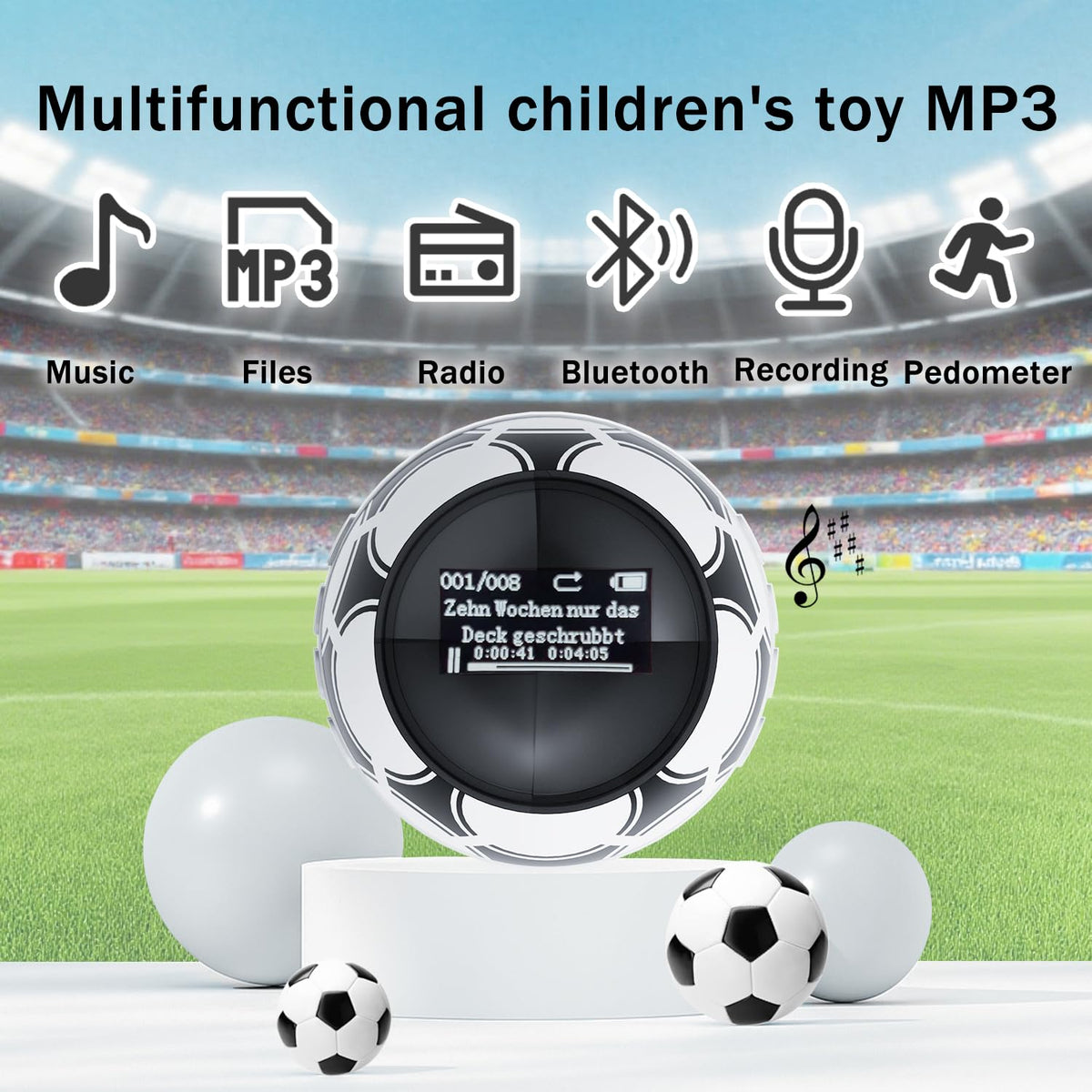 Aiandcc 64GB Soccer Ball MP3 Player—side view, durable red-white shell fits small hands
