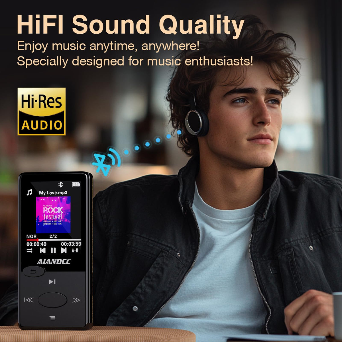 Aiandcc FM radio screen lit to show station tuning and convenient listening