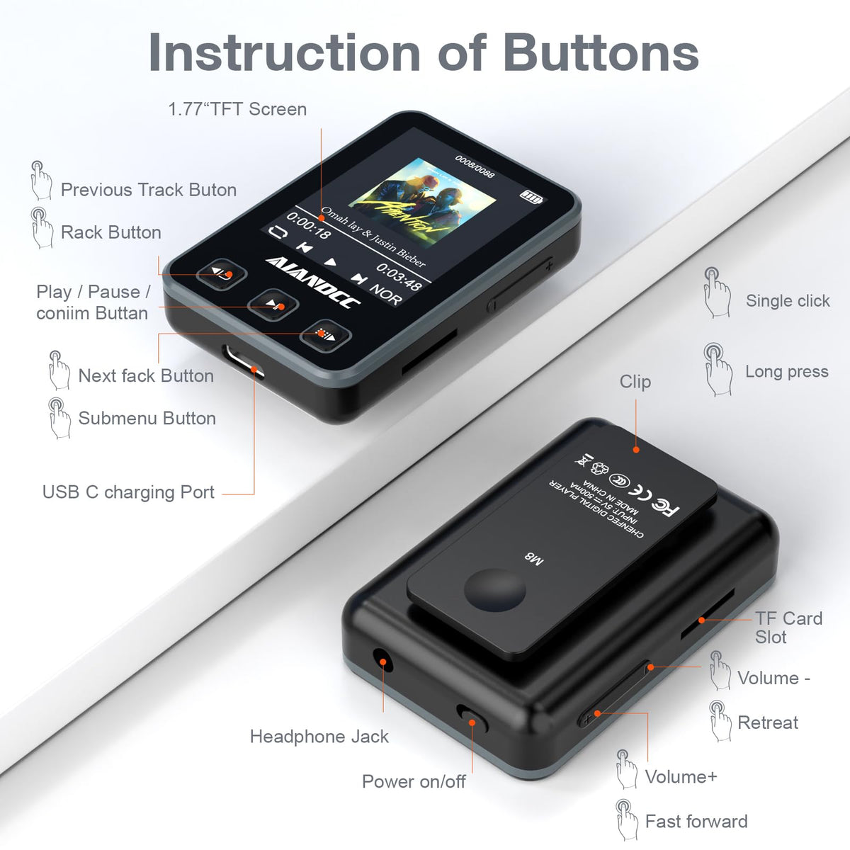 Aiandcc MP3 player with 32GB storage for thousands of songs on the go.
