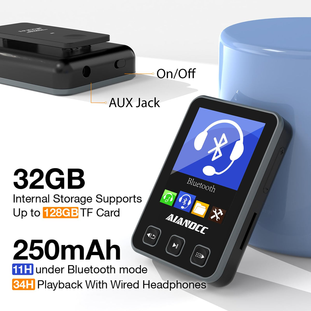 Aiandcc MP3 player built-in equalizer with multiple sound modes for customization.
