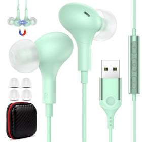 AIAUXAI headset front view showing green earbuds and cable for comfortable calls