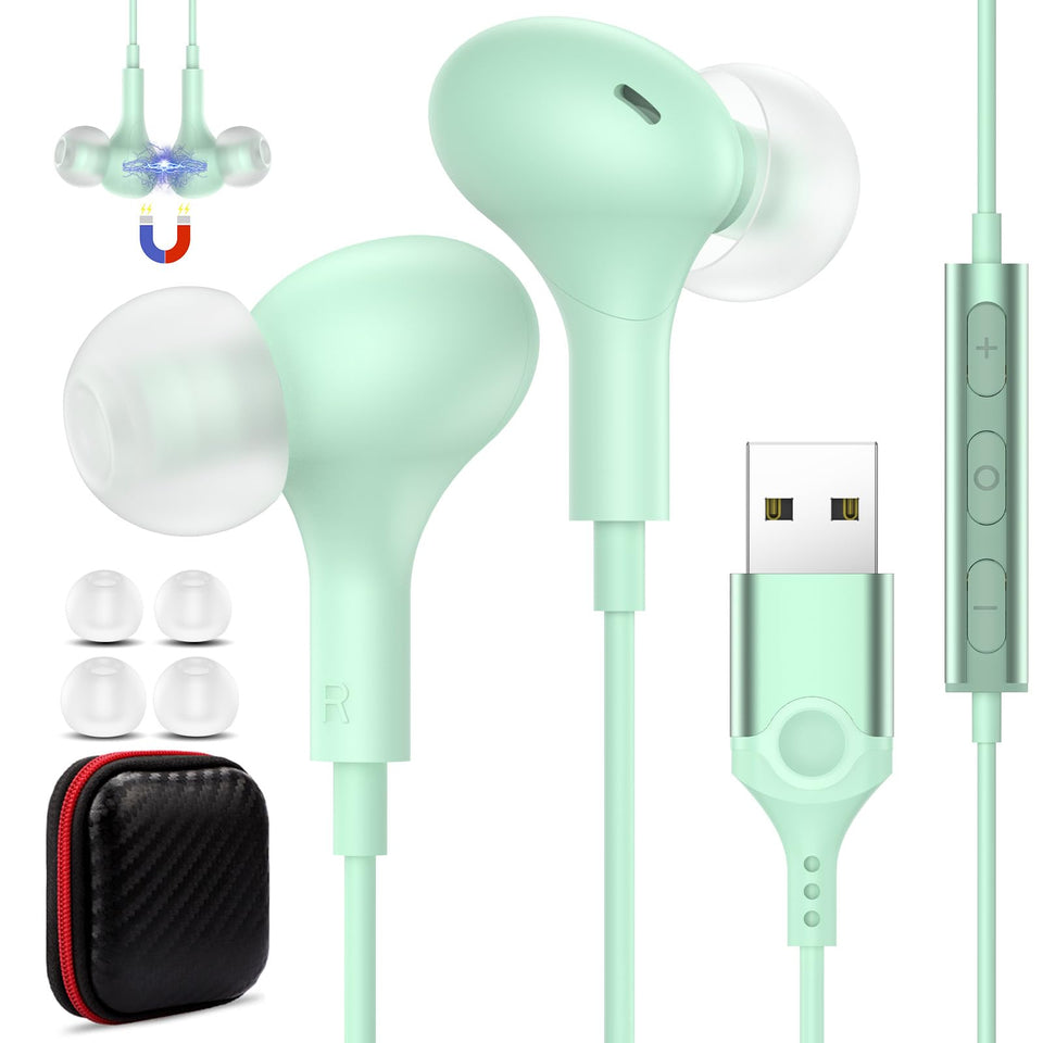 AIAUXAI headset front view showing green earbuds and cable for comfortable calls
