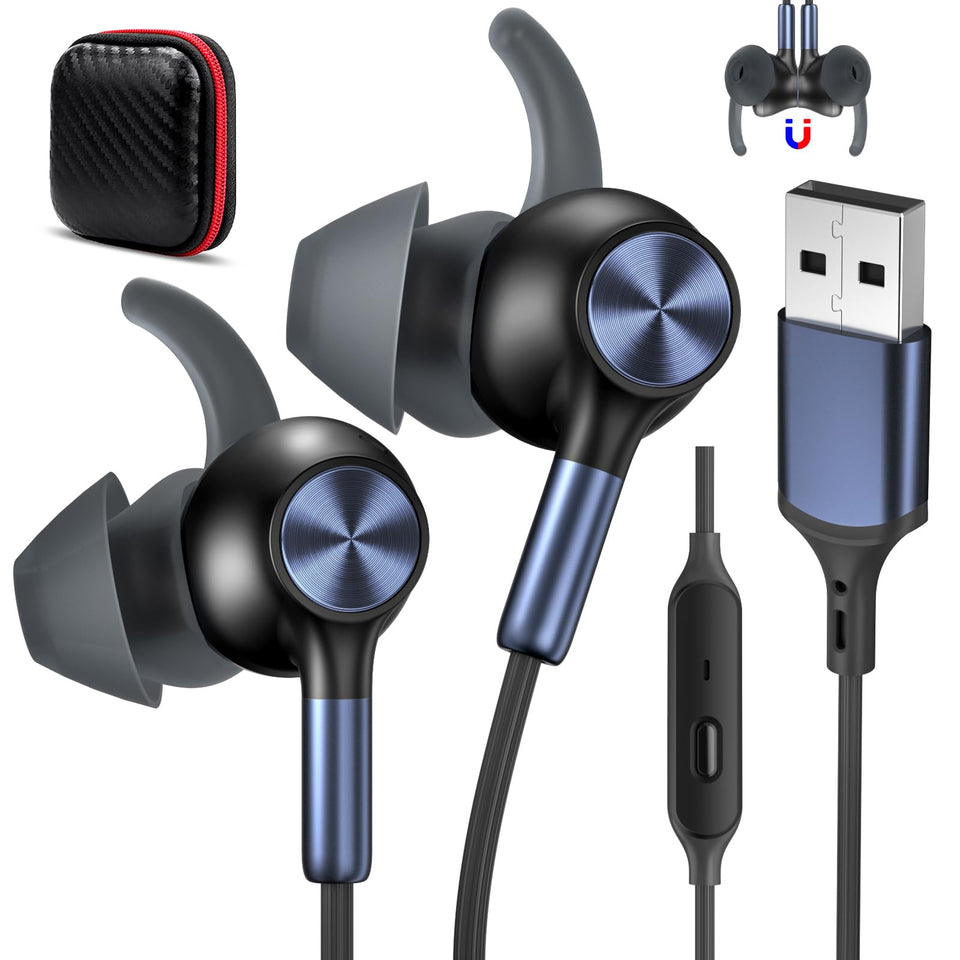 AIAUXAI USB earbuds with microphone in a desk setup for calls