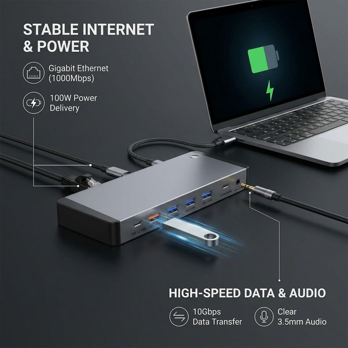 Aibilangose compact dock beside laptop showing small footprint to save desk space