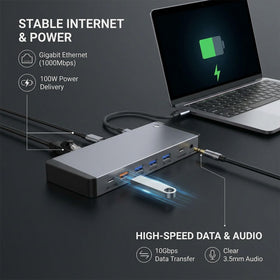 Aibilangose compact dock beside laptop showing small footprint to save desk space