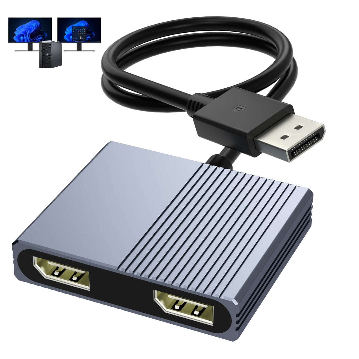 Aibilangose DisplayPort splitter front view powering dual monitors for multitasking