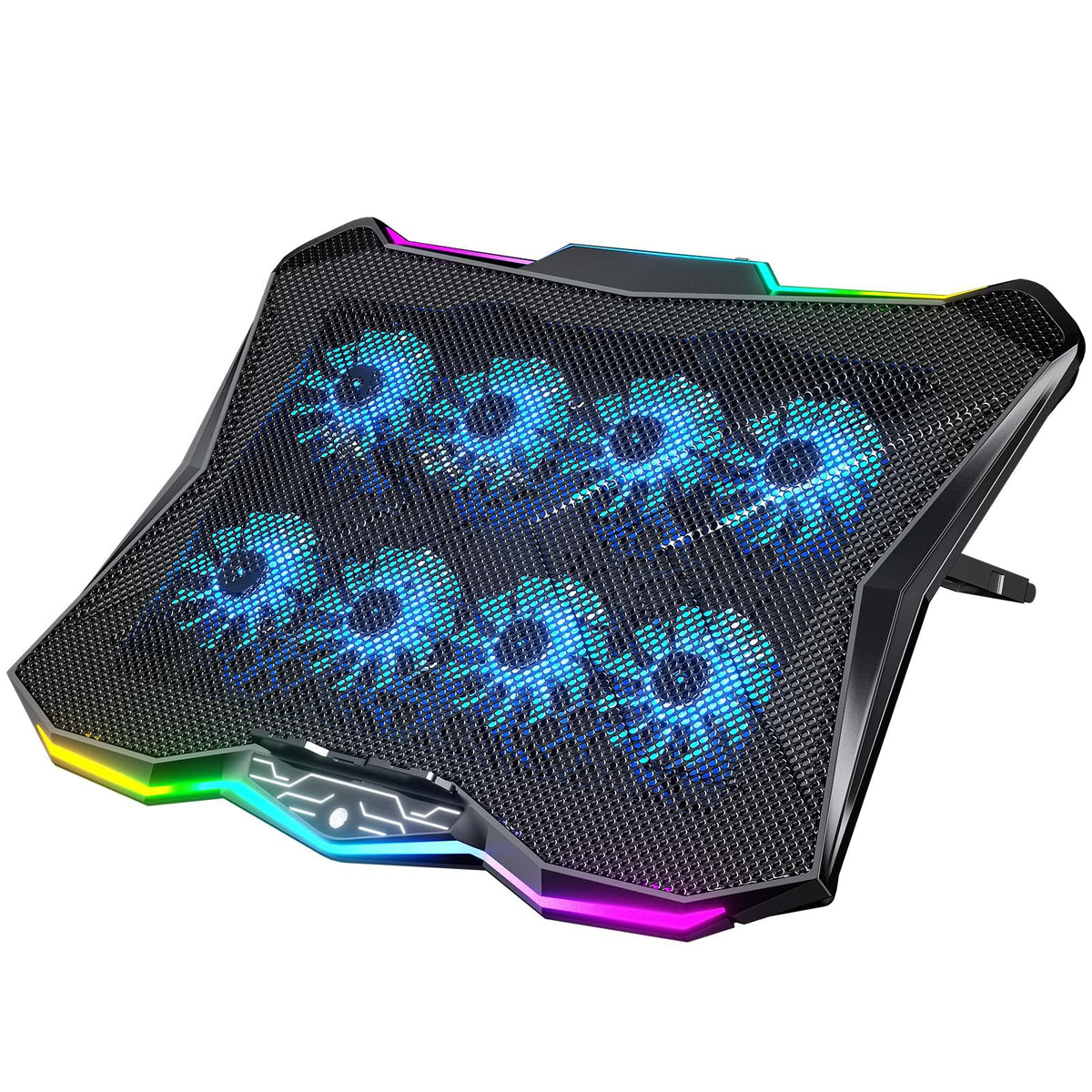 AICHESON AA3 front view with 8 fans cooling a gaming laptop.