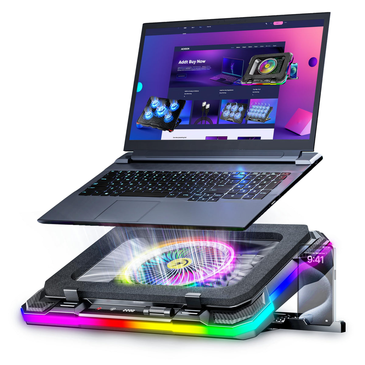 AICHESON front view showing RGB ring and fan, enhances gaming setup aesthetics