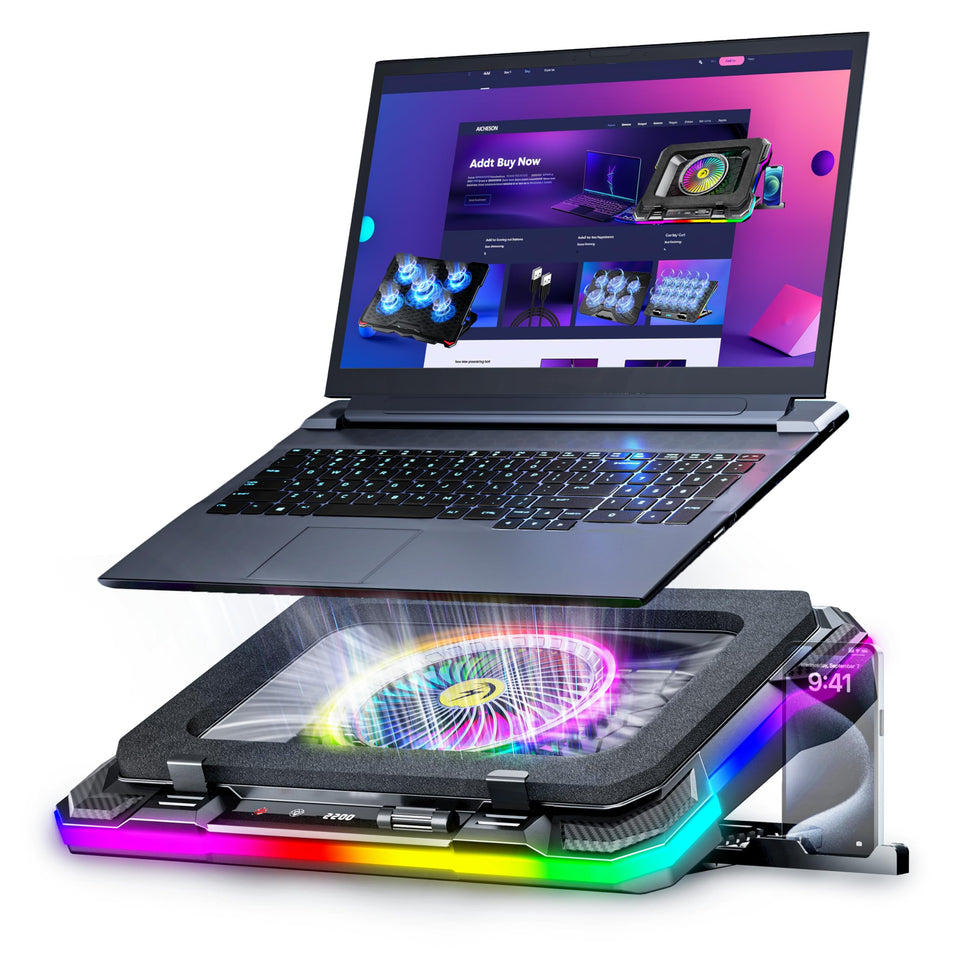 AICHESON front view showing RGB ring and fan, enhances gaming setup aesthetics