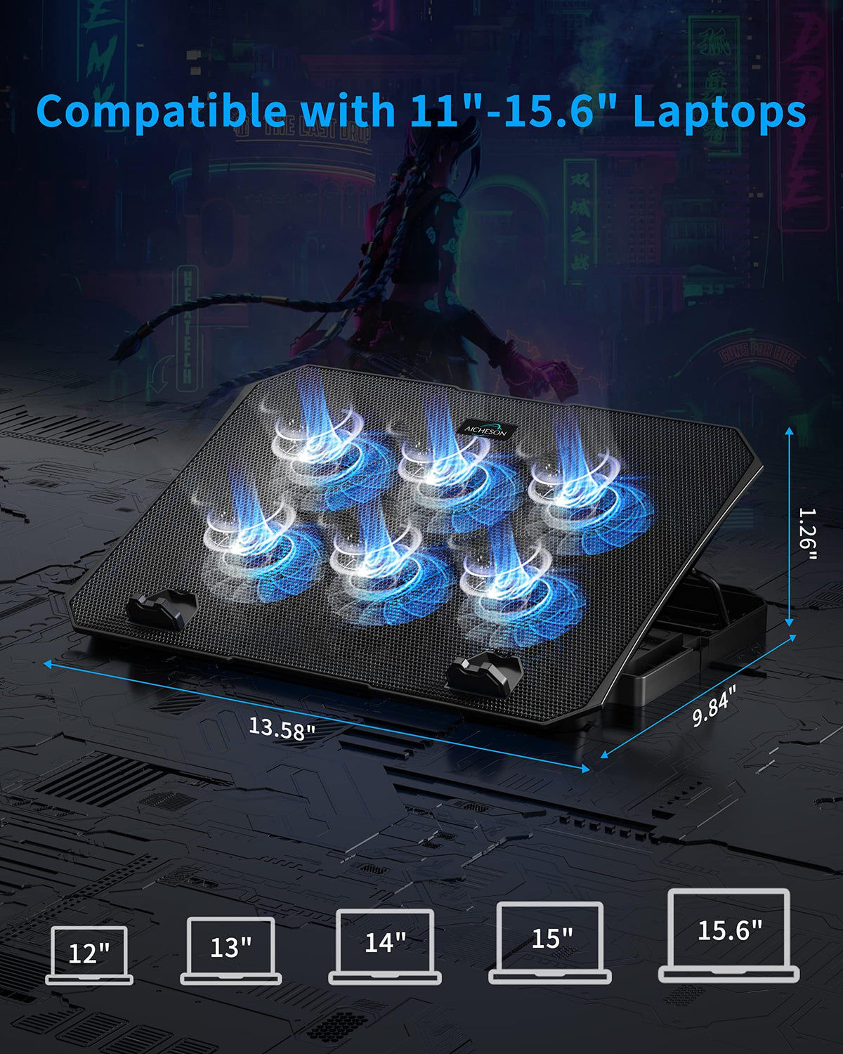 AICHESON low-profile blue-lit cooling for ambient workspace lighting.