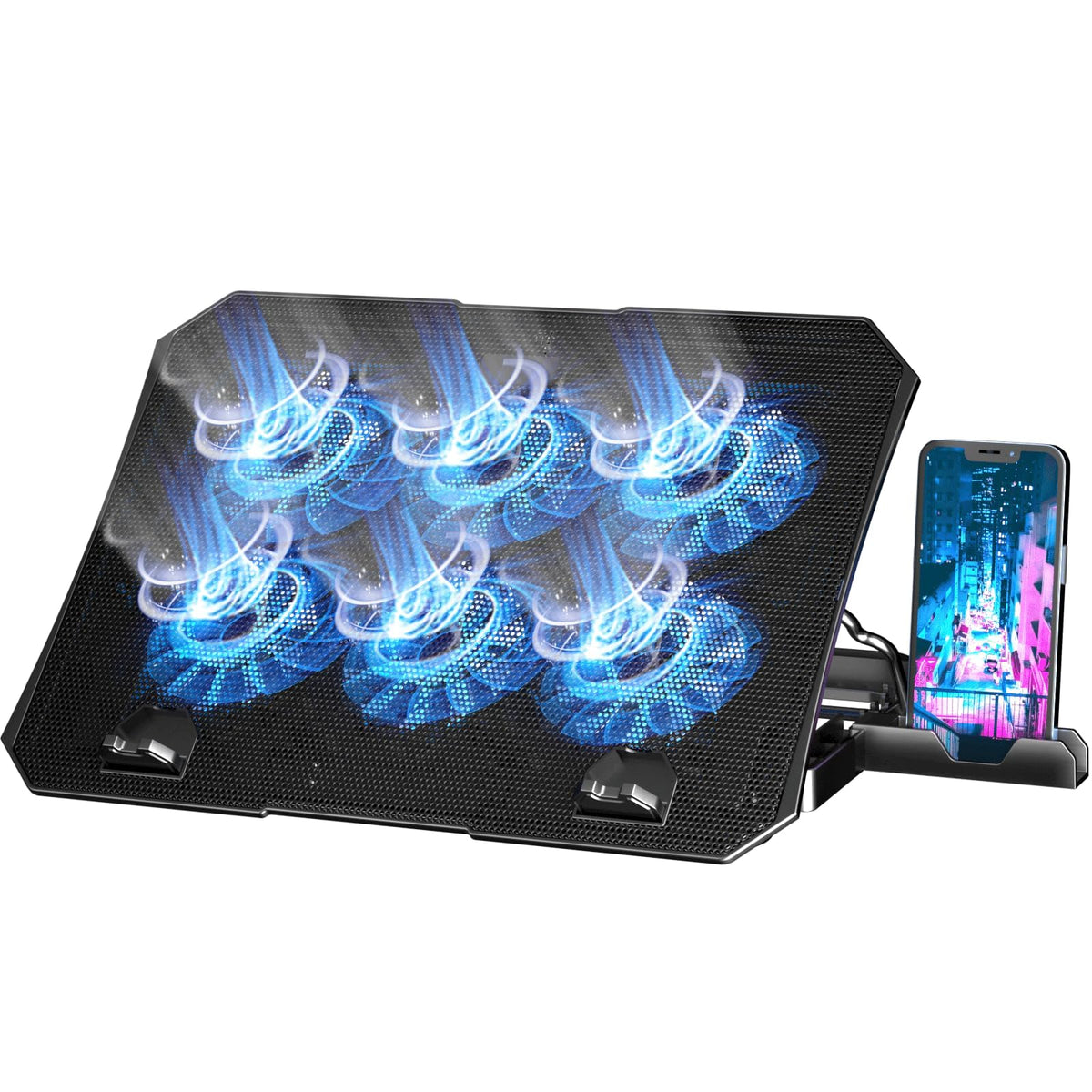 AICHESON laptop cooling pad front view with blue LEDs for sleek cooling.