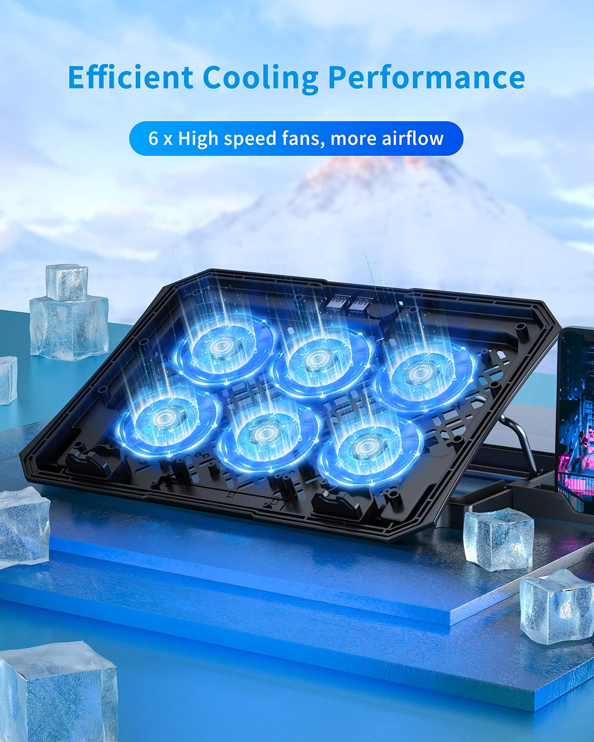 AICHESON cooling pad tilted to 16-30 degrees for ergonomic viewing.
