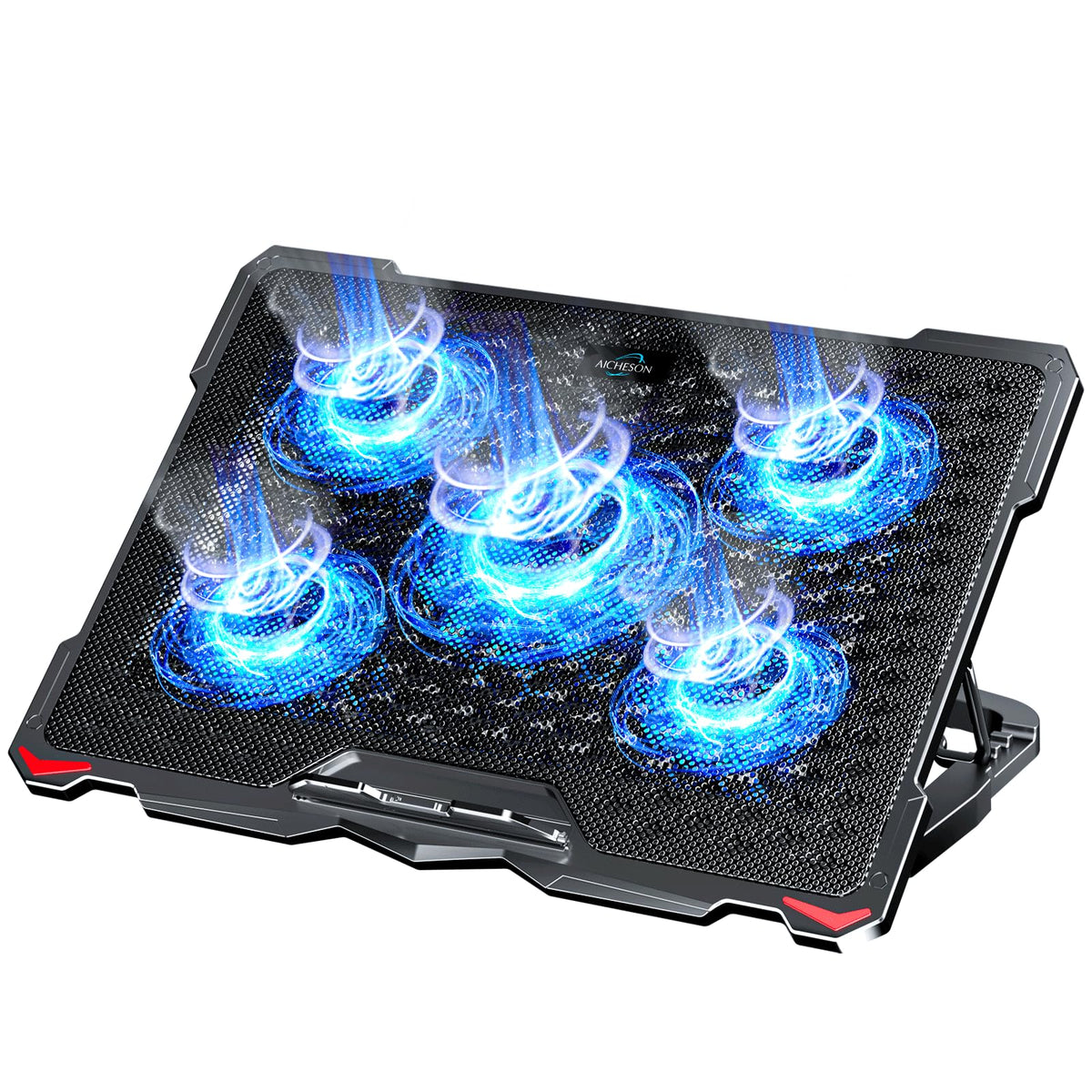 AICHESON S035 front view showing five fans and blue LEDs improving cooling
