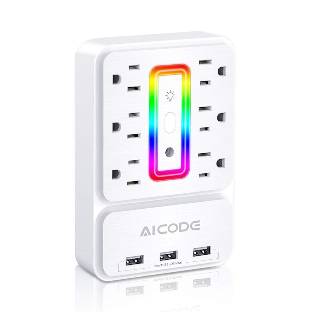 AICODE 6-outlet surge protector front view with USB ports for organized charging