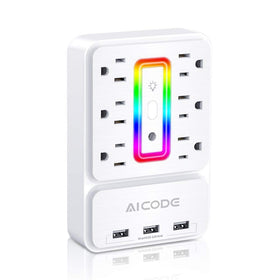 AICODE 6-outlet surge protector front view with USB ports for organized charging