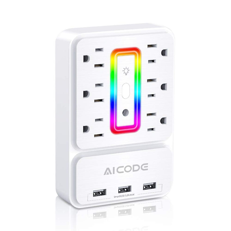 AICODE 6-outlet surge protector front view with USB ports for organized charging