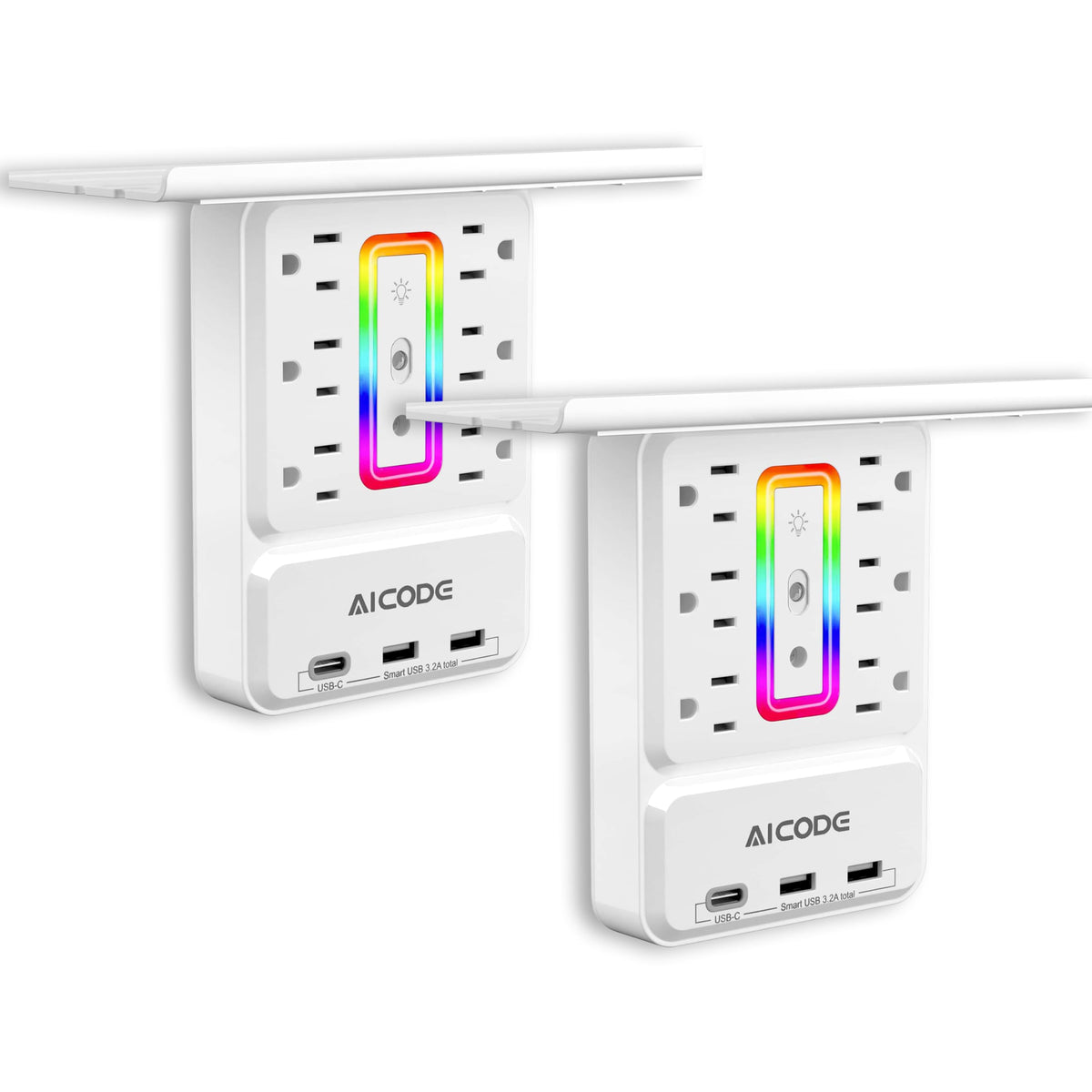 AICODE front view plugged into wall showing six outlets and shelf for tidy charging