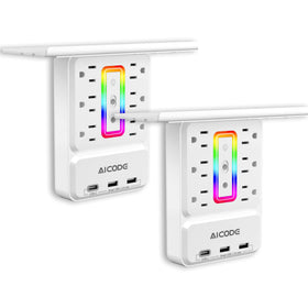 AICODE front view plugged into wall showing six outlets and shelf for tidy charging