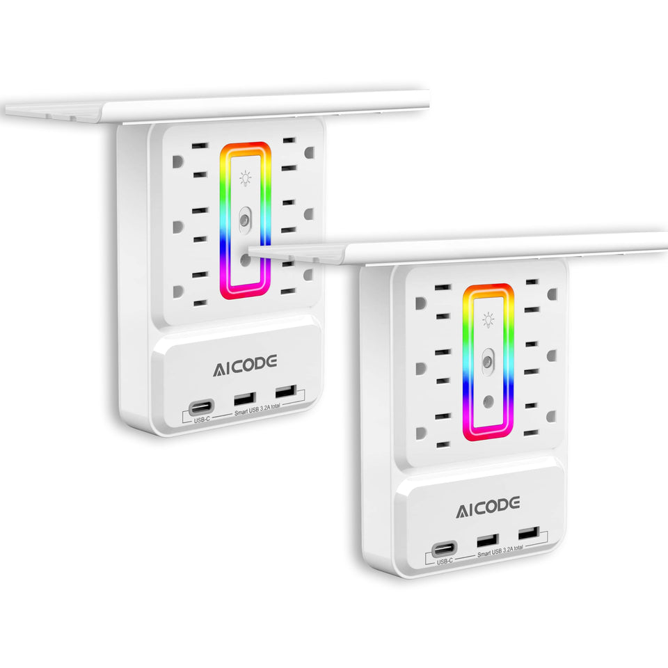 AICODE front view plugged into wall showing six outlets and shelf for tidy charging
