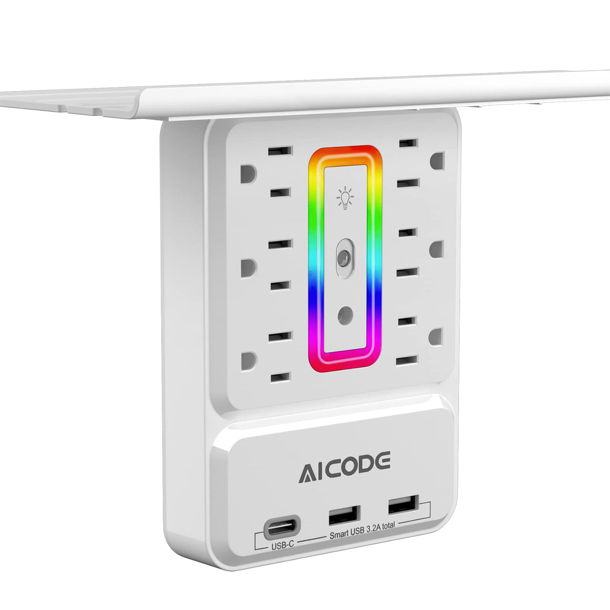 AICODE socket outlet shelf with nightlight illuminates a bedside workspace safely