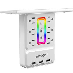 AICODE socket outlet shelf with nightlight illuminates a bedside workspace safely