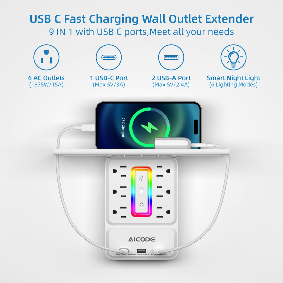 AICODE socket outlet shelf showing USB-C and USB ports for fast charging