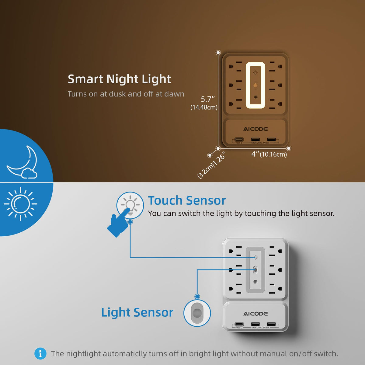 AICODE USB ports deliver fast charging for phones, tablets, and accessories