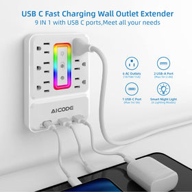 AICODE wall surge protector featuring built-in nightlight for safe nighttime visibility