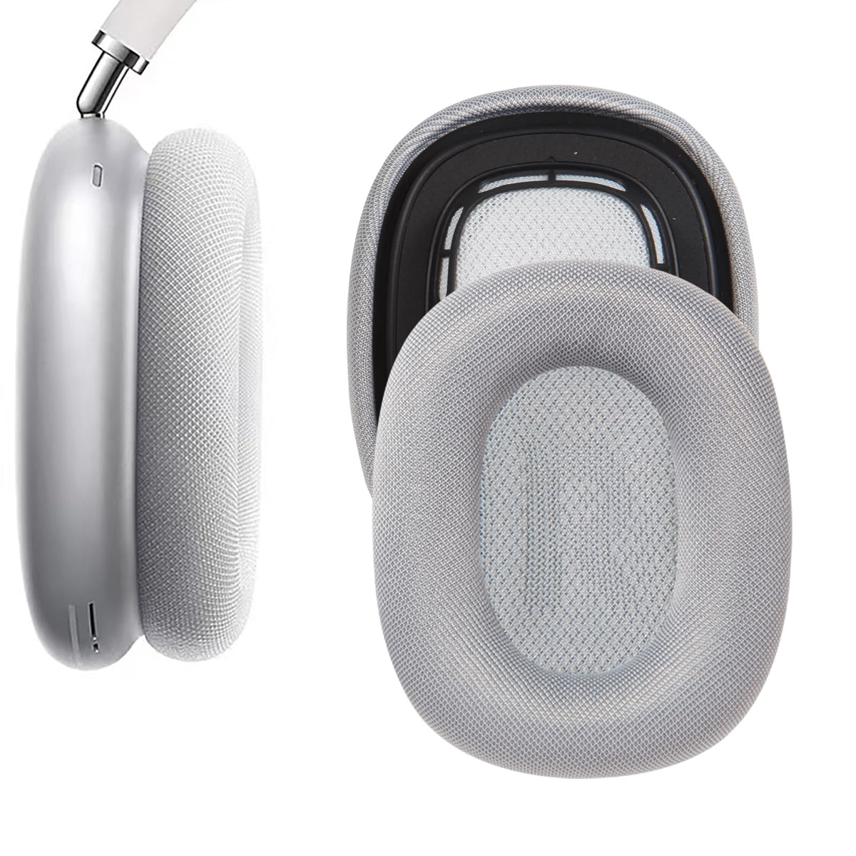 AICORE ear pads installation closeup demonstrates magnetic fit for AirPods Max.