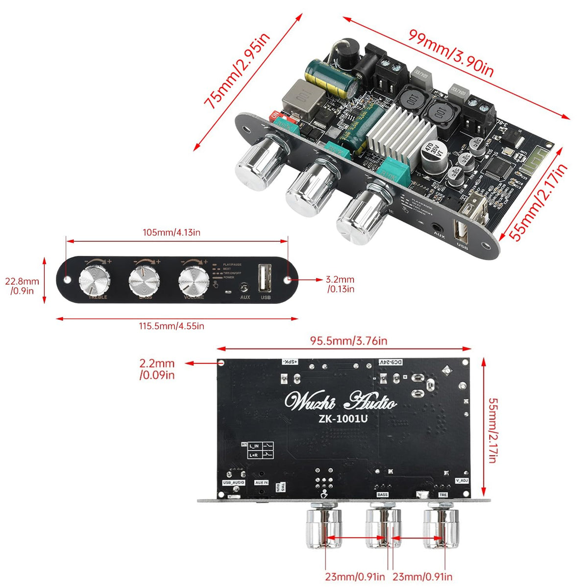 Aideepen ZK-1001U close-up of TPA3116 chip for efficient 100W output