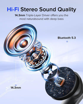 Aiearbu charging case open beside earbuds showing compact scale and long battery benefit