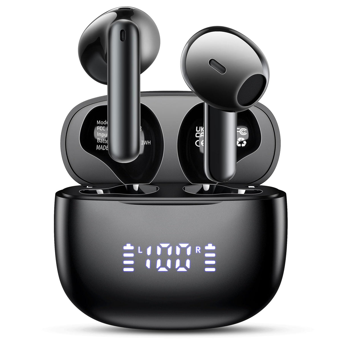 Aiearbu earbuds front view showing sleek black finish and earbuds benefit comfortable design
