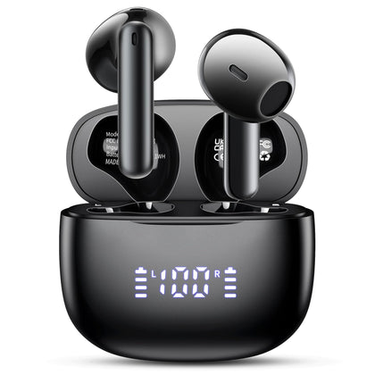 Aiearbu earbuds front view showing sleek black finish and earbuds benefit comfortable design