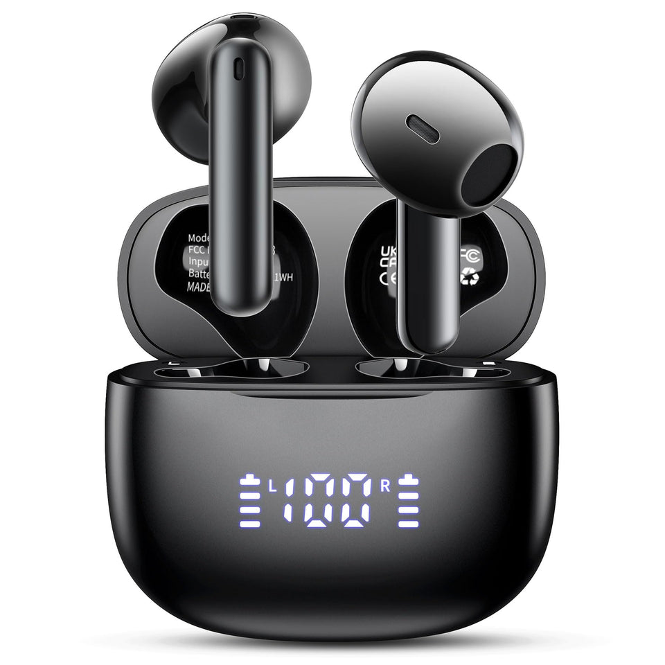 Aiearbu earbuds front view showing sleek black finish and earbuds benefit comfortable design
