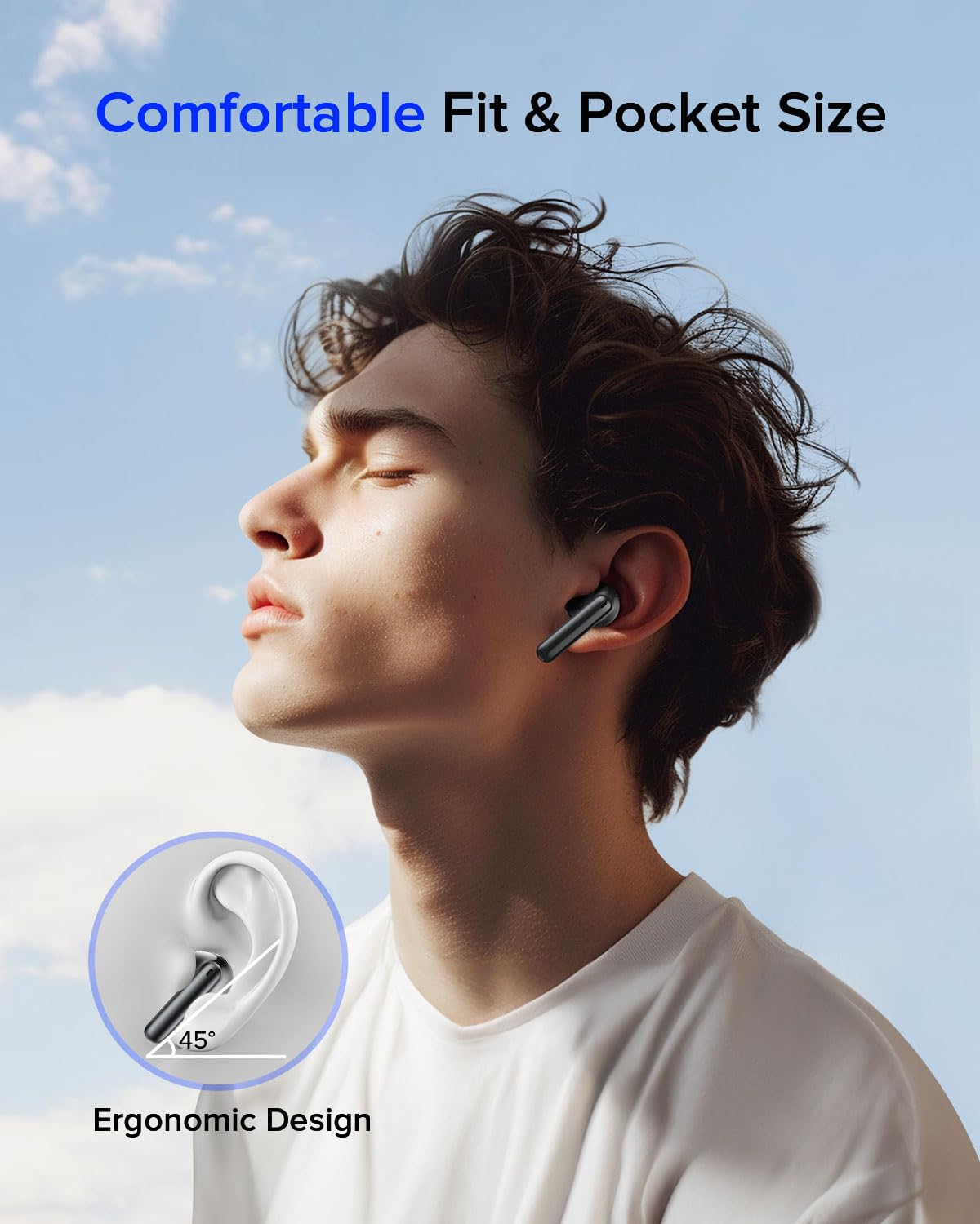 Aiearbu earbuds in a runner's ear outdoors showing water-resistant protection for active use benefit