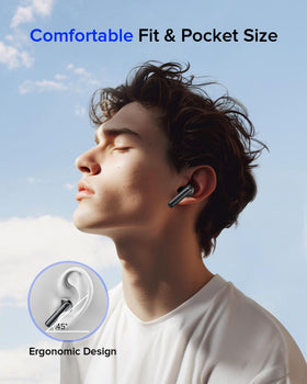 Aiearbu earbuds in a runner's ear outdoors showing water-resistant protection for active use benefit