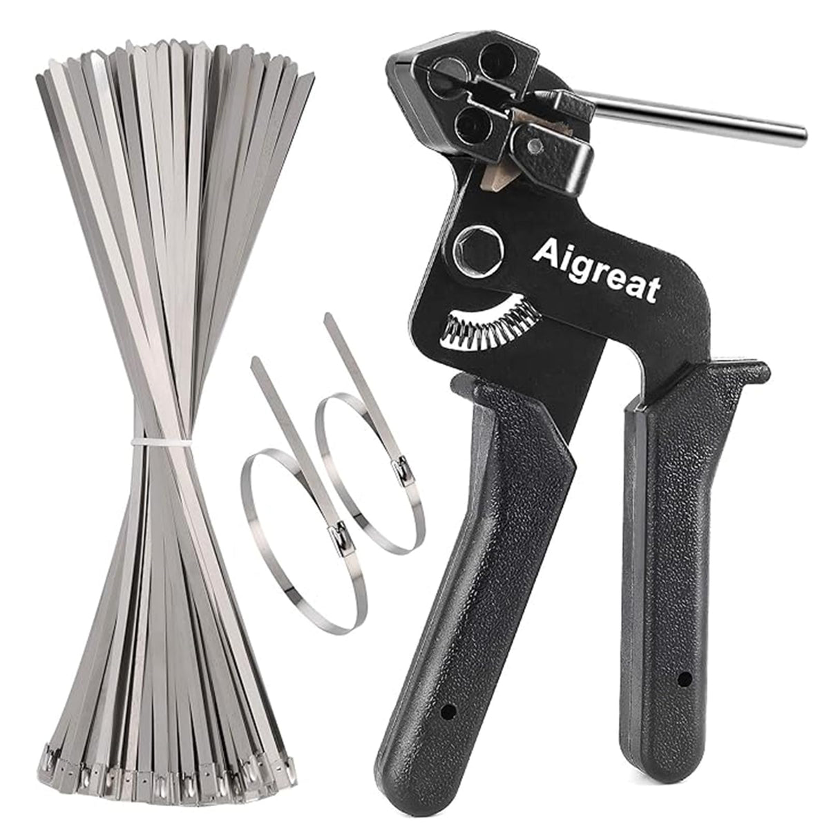 Aigreat metal tie wrap gun in action for quick, precise tensioning