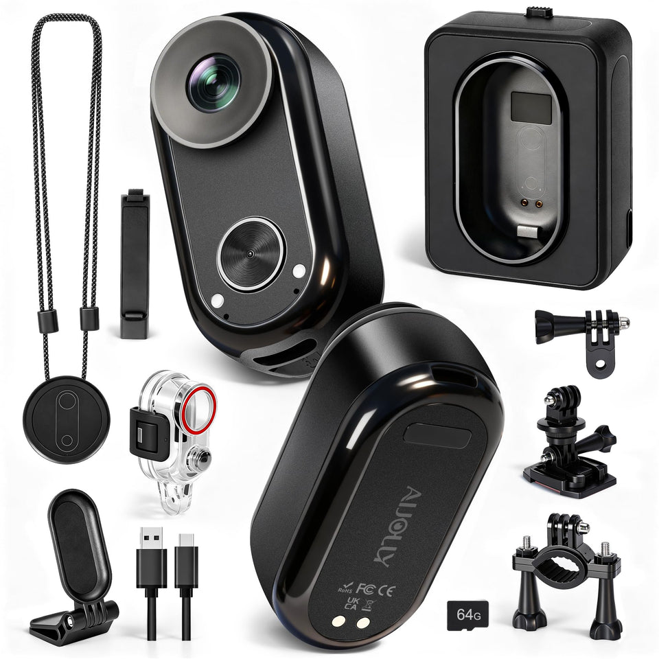 AIJOLLY 4K mini body camera front view compact and lightweight for hands-free recording.