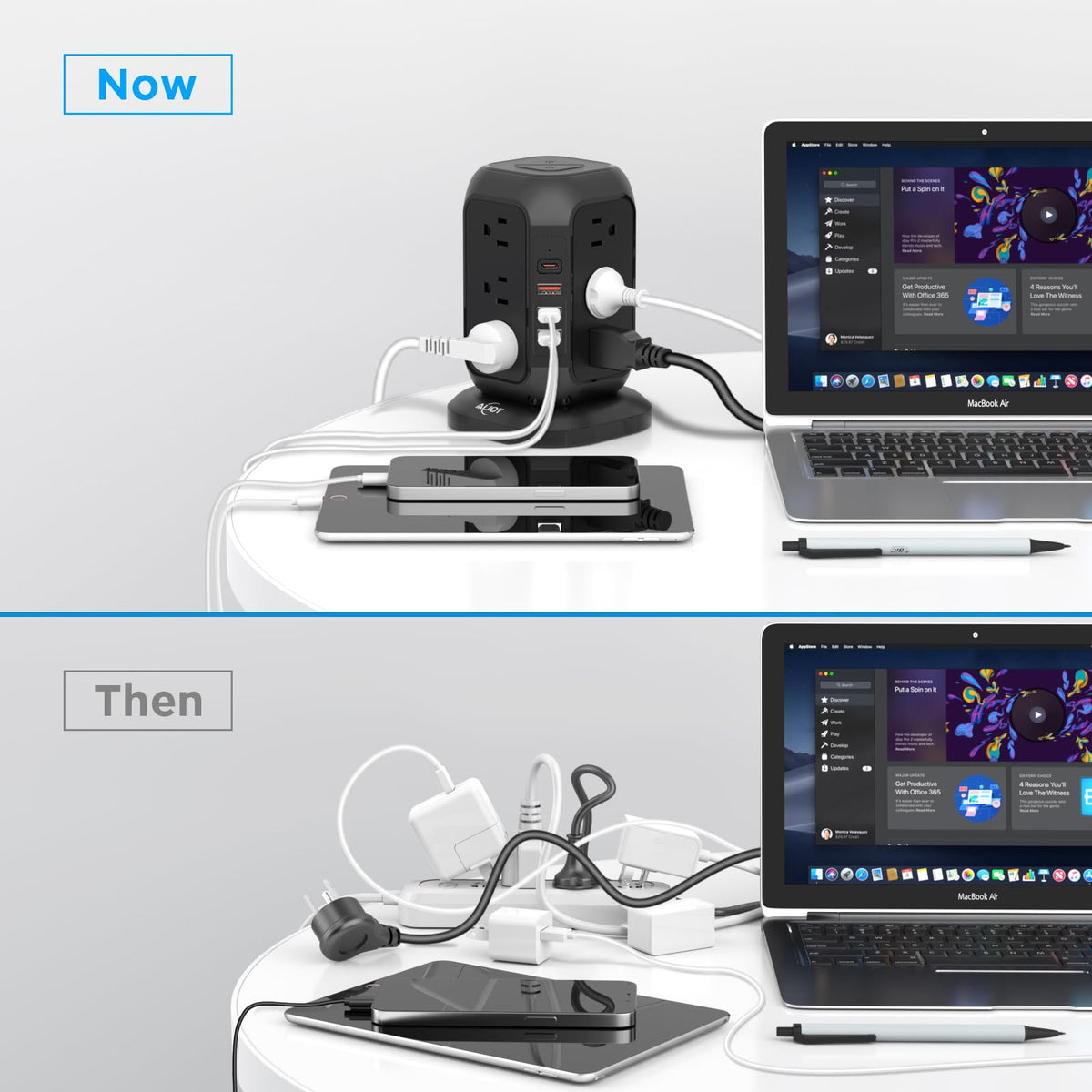 AiJoy power tower on a desk powering laptop, lamp and phone to reduce clutter