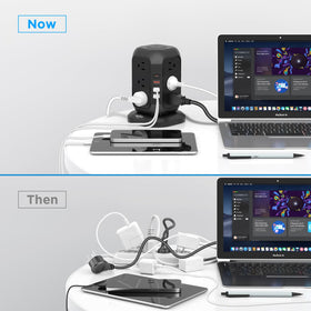 AiJoy power tower on a desk powering laptop, lamp and phone to reduce clutter
